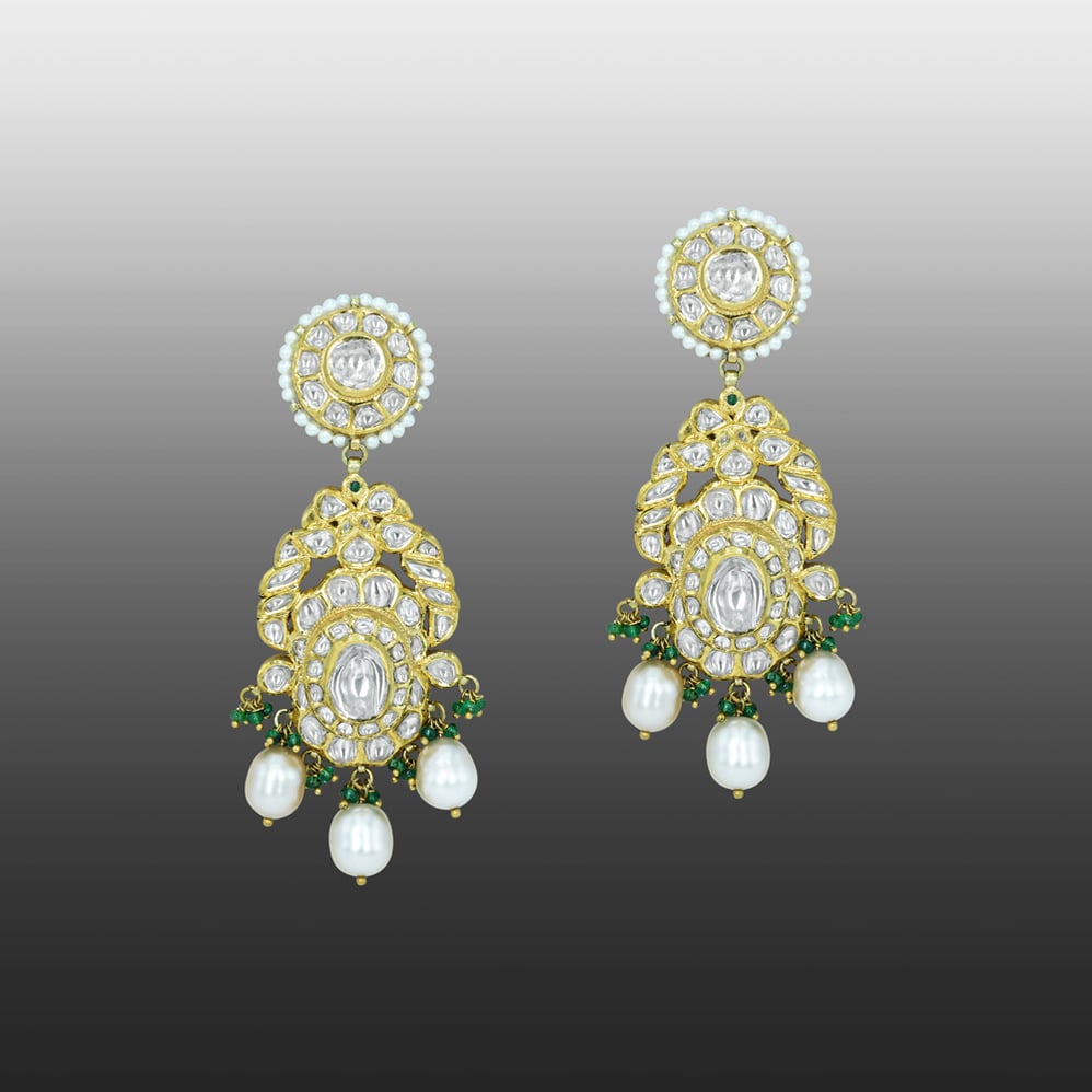 Polki Earrings with Pearls and Emerald Beads